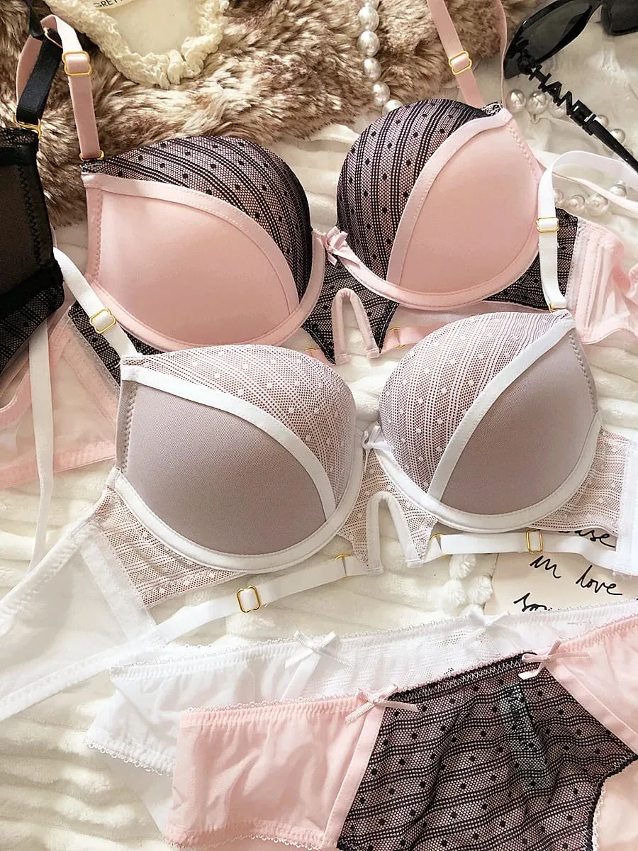 Sexy Hollow Underwear Set for Women 3/4 Cup Push Up Bra Lace Splicing Color Brassiere and Panties Ladies Intimates Lingerie