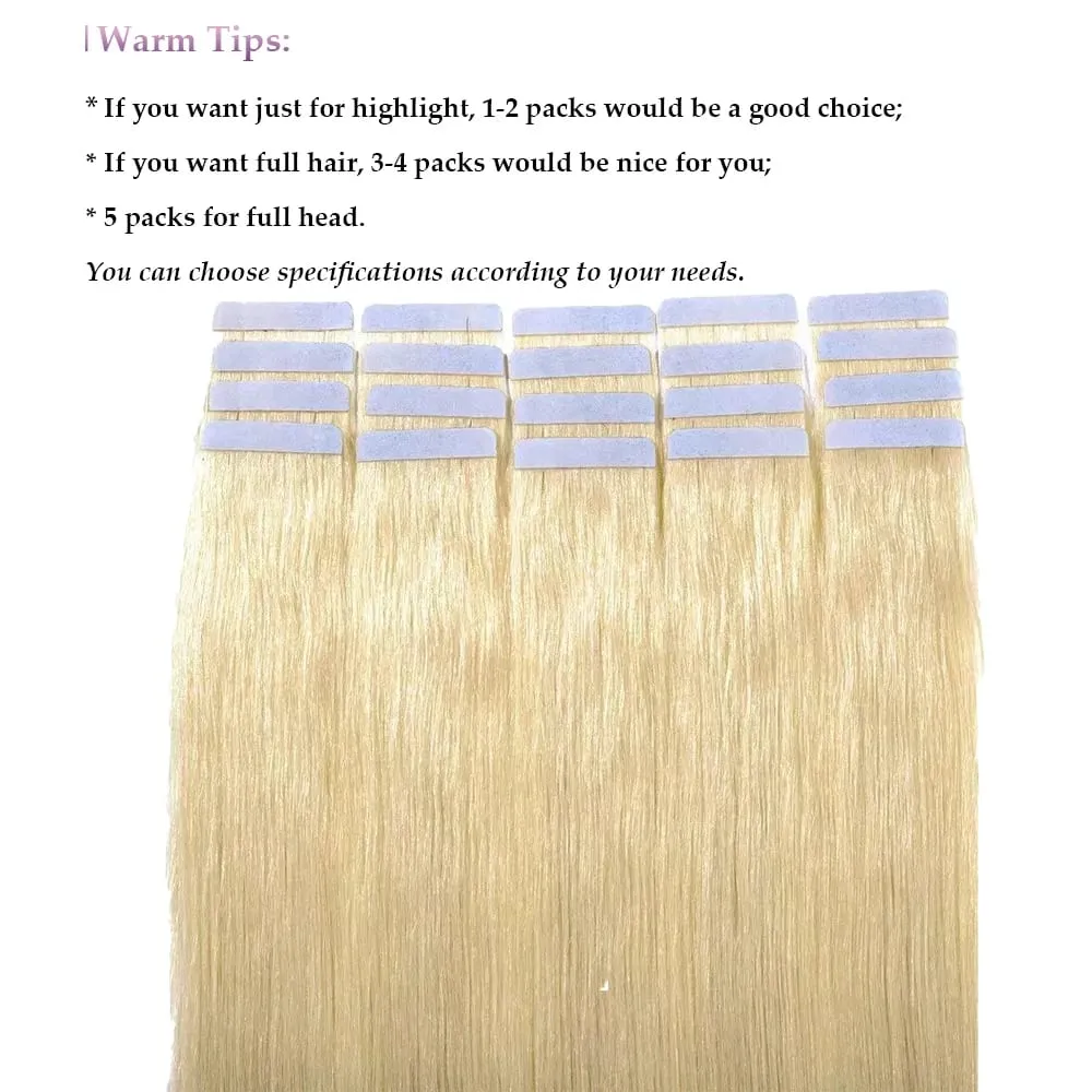 Echthaar-Extensions, Tape-Ins Nr. 613, blond, Tape-In-Haarverlängerungen, Echthaarfarbe, gebleichtes Blondes, Hauteinschlagfaden, nahtloses Tape-Ins