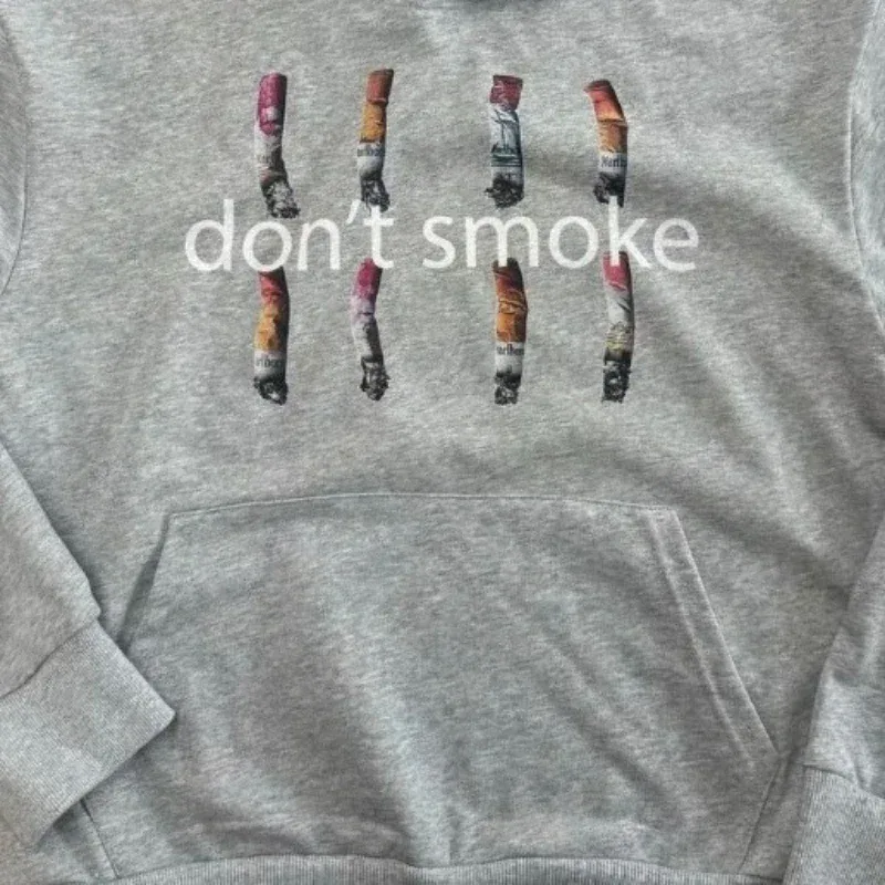 Y2K Gray Sports Hoodie Dont Smoke Print Sweatshirt Men Women Vintage Classic Hip Hop Streetwear Tracksuit Men Clothing Loose Top