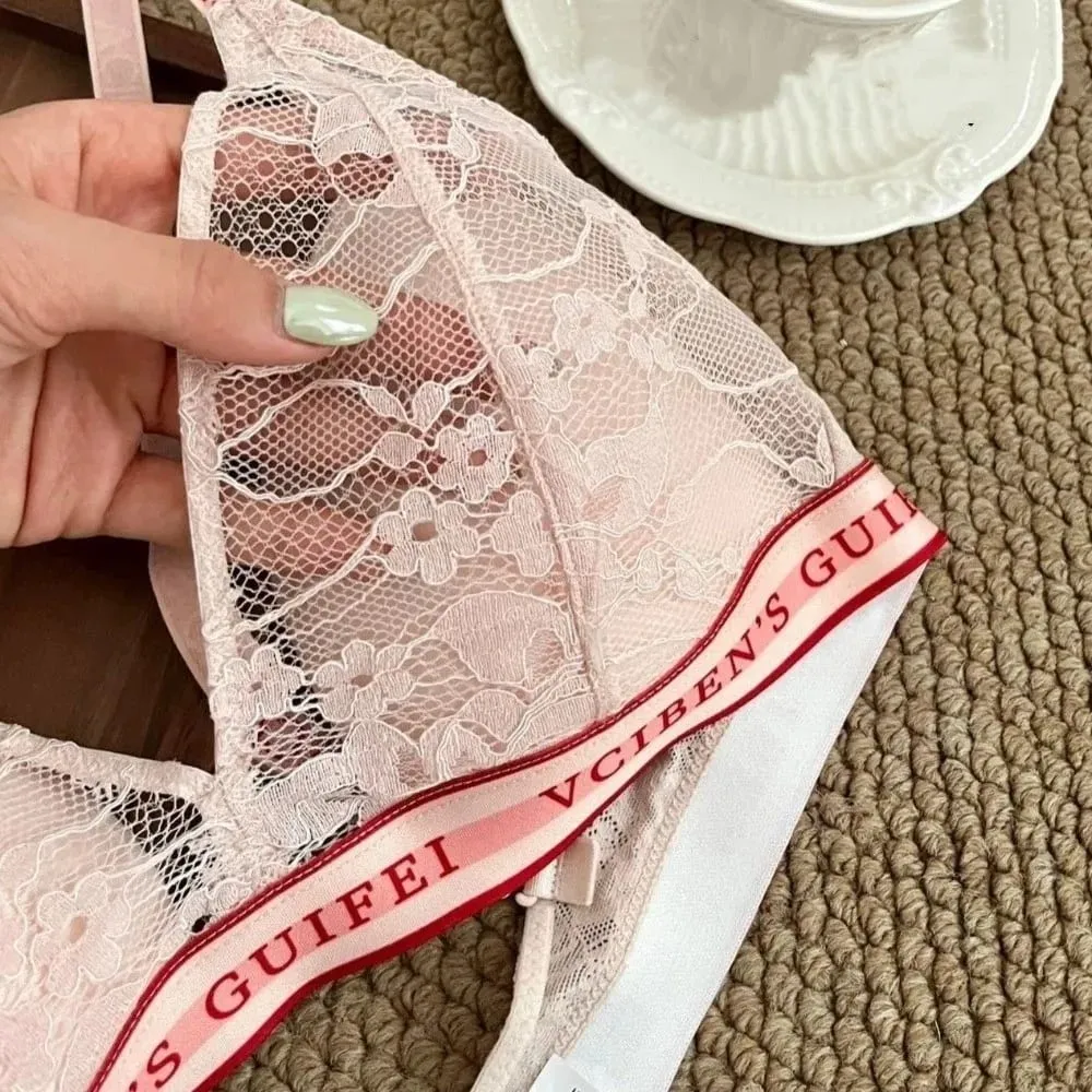 Fashion Letter Design Lingerie Set Lace Wireless Women Underwear Suit Deep V Color Blocking Bra Panties Set Daily