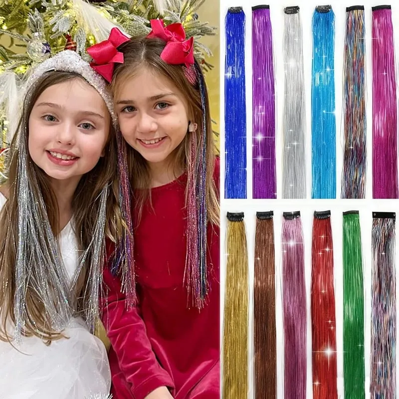 2PCS Synthetic Hair Tinsel Clip in Extensions Colored Sparkle Hair Tinsel Kit with BB Clip for Kids Girls Christmas Party Use