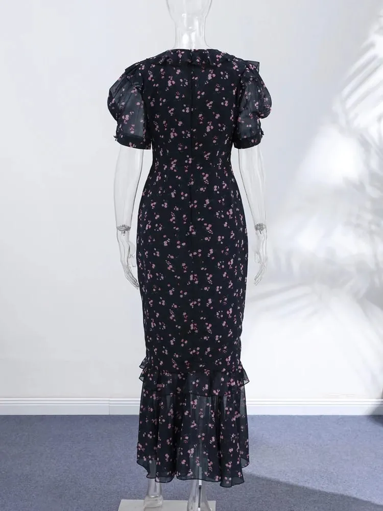 Floral Puff Sleeves Maxi Dresses Women's Slim Waist-cinching Hip-wrap V-neck Dress 2026 New Ladies Summer Vacation Outwear