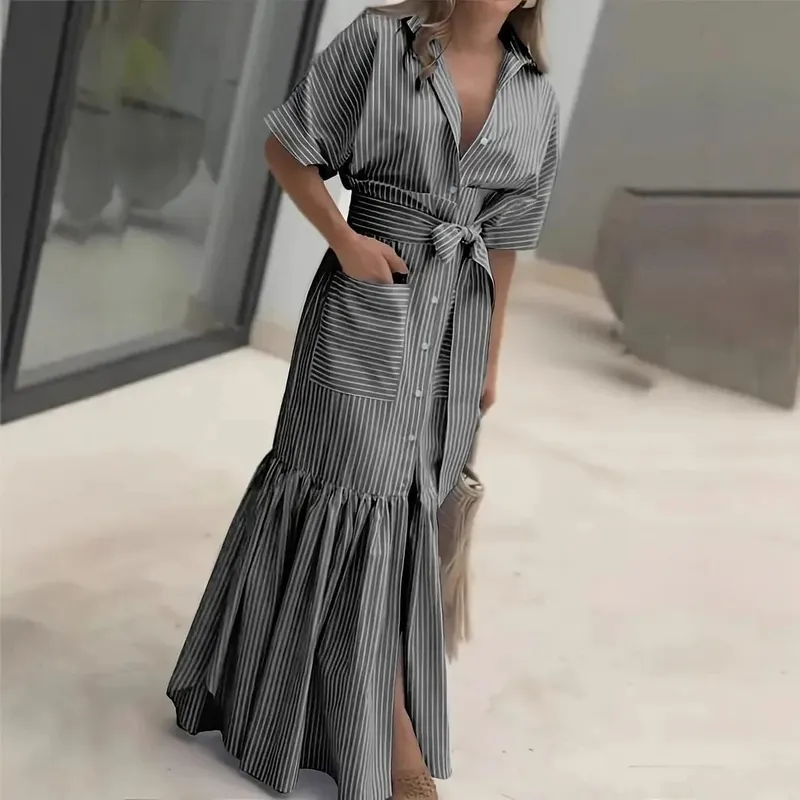 Striped Short Sleeved Loose Mid Length Lace Up Waist Dress With Single Breasted Pocket Shirt Dresses For Women Ropa Mujer