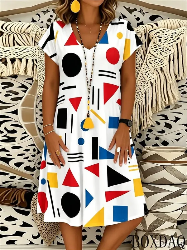 2026 Summer Fashion Geometric Pattern Printed Women's Dress Short Sleeve V-neck Casual Dresses