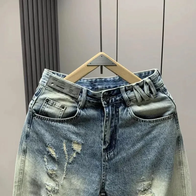 Men's Jeans Man Pants Classic Straight Fit Faded Ripped Jeans Denim Trouser Casual Loose Slim Stylish Street Retro Blue