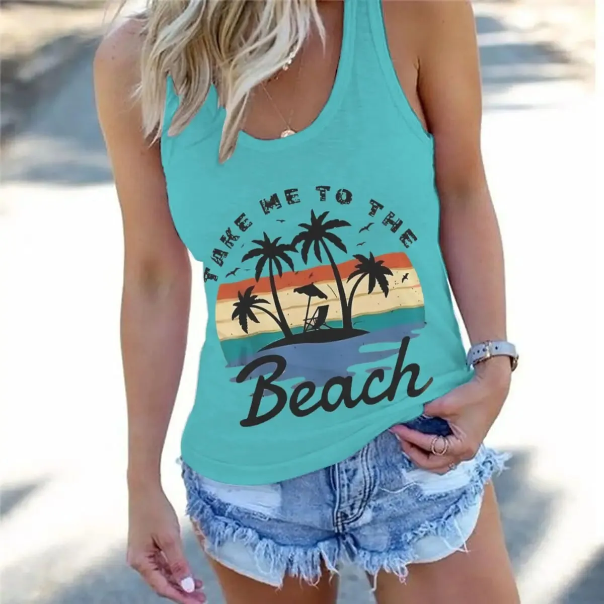 Women Vintage Take Me To The Beach Graphic Racerback Tank Top Summer Vacation Retro Sunset Palm Tree Sleeveless Basic-Fit Vest
