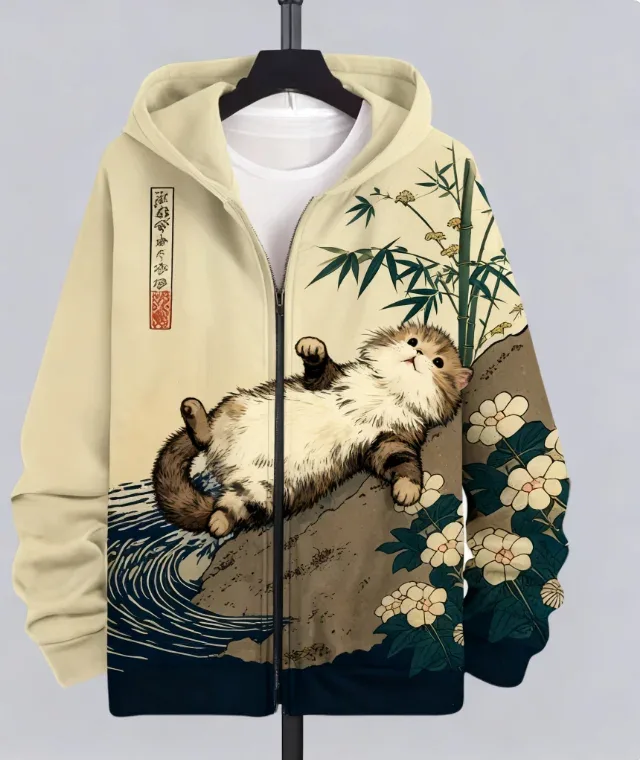 Sudadera con estampado de gato y Animal para hombre, chándal con estampado 3D de cremallera, Sudadera con capucha de manga larga a la moda, ropa Y2K
