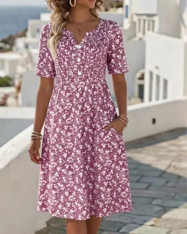 2026 New Summer Floral Print V Neck Midi Dress Short Sleeve Dresses For Women Retro Casual Button Pocekts Ladies Dress Vestidos