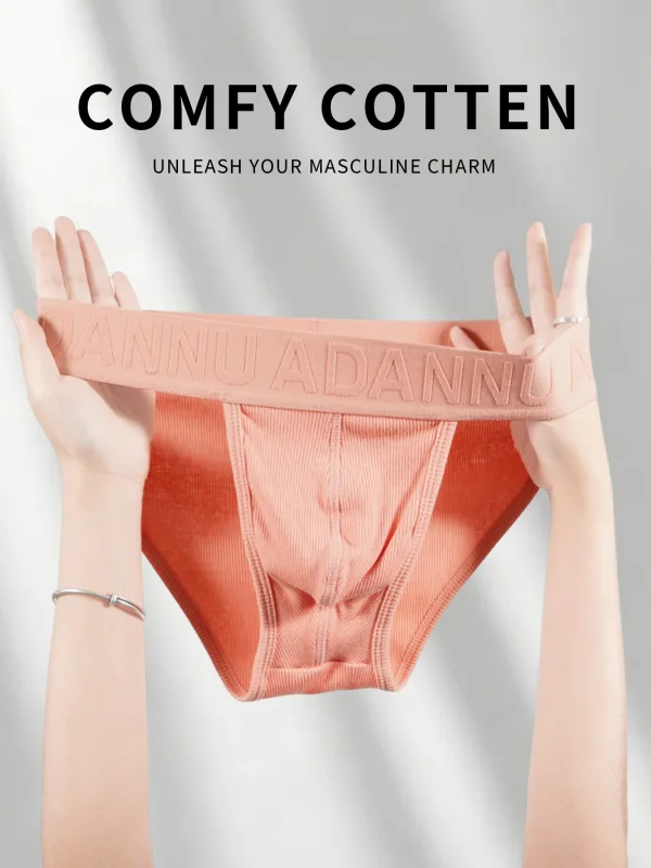 Men's Cotton Ribbed Skin-Friendly Bare Feel Convex Pouch Briefs, Embossed Letter Wide Waistband Slim Fit Underwear