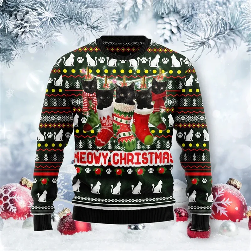 2026 New Funny Cat Pattern Ugly Christmas Sweater Fashion Autumn Crewneck 3D Printed Xmas Sweatshirts Casual Oversized Pullovers