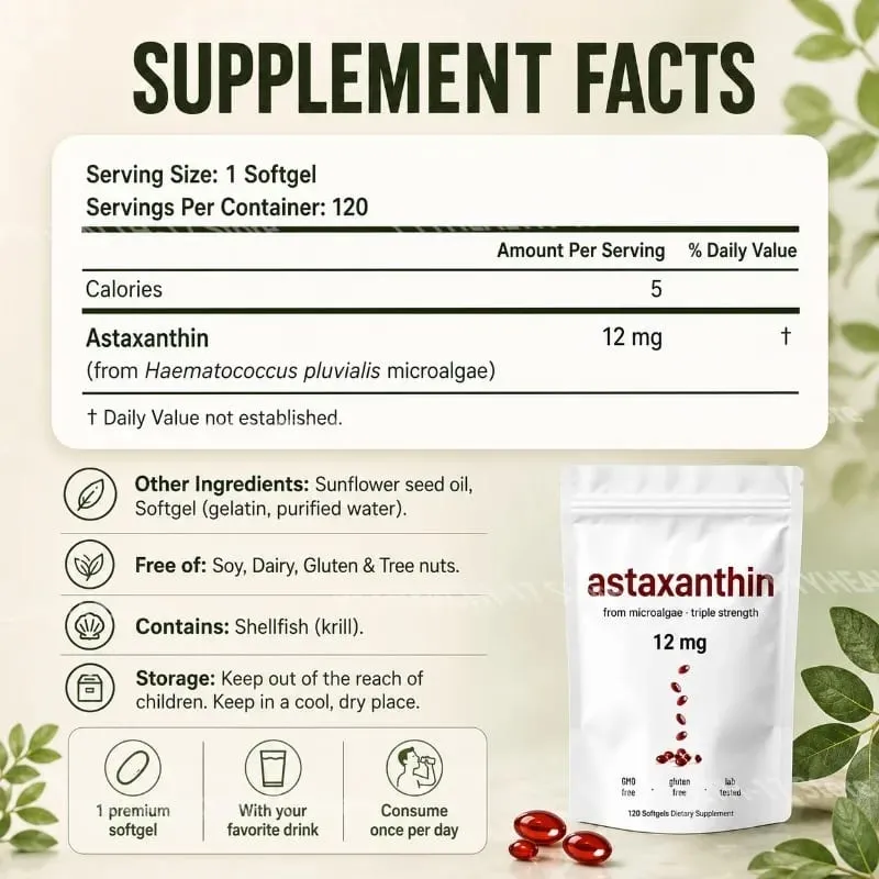 Astaxanthin 12 Mg Gelatin Softgels From Microalgae Antioxidant Support Gluten Free GMO Free Easy To Swallow 120 Softgels