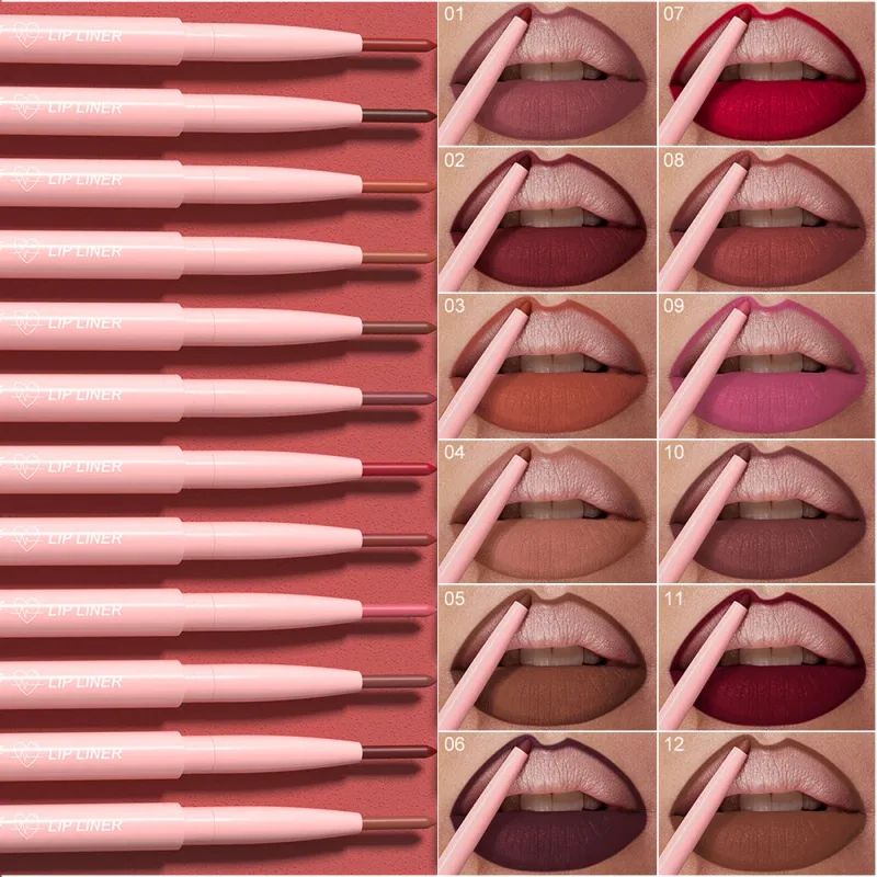 Lápiz Delineador de labios rojo mate, 12 colores, resistente al agua, antiadherente, lápiz labial delgado, maquillaje, delineador de labios rosa desnudo, contorno de labios