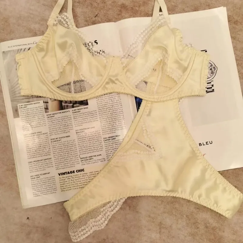 Women Brassiere Mesh Satin Lace Splicing Ultra Thin Minimizer Anti Sag Soft Support Lingerie For Girls 32‑38AB Suit