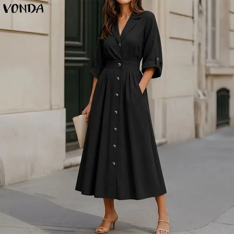 Summer 3/4 Sleeve Women Dress Fashion Sundress OL Work Shirt Dresses Streetwear Solid Color Vestidos Oversize S-3XL