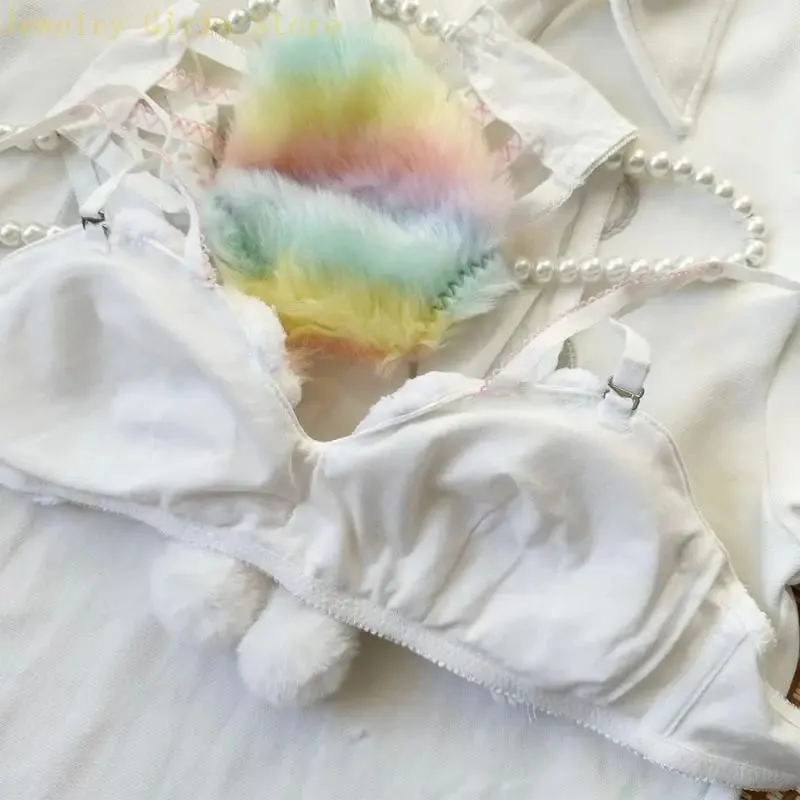Estetická sada plyšové podprsenky a kalhotek Rainbow Star pro ženy Podprsenka Spodní prádlo Chlupaté spodní prádlo Anime Cosplay Outfit 2 kusy