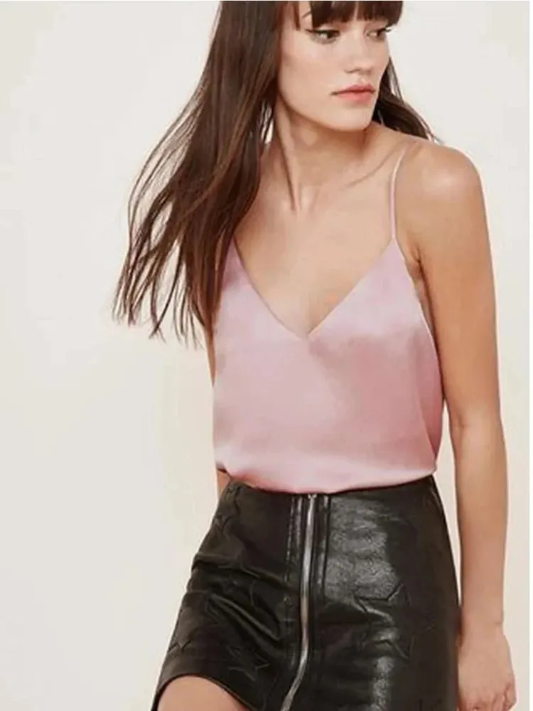 2026 Sleeveless Satin Silk Tank Tops Strap Top Women Halter V Neck Basic White Cami Women'S Summer Camisole