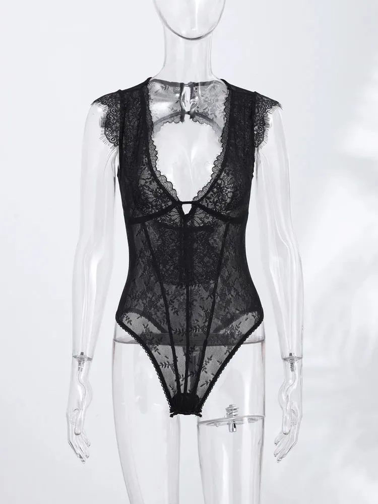Women Lace Trim Bodysuit Sexy Woman Clotehs Sleeveless Deep V Neck Sheer Mesh Elegant Casual Party Top Spring Vacation Outfit