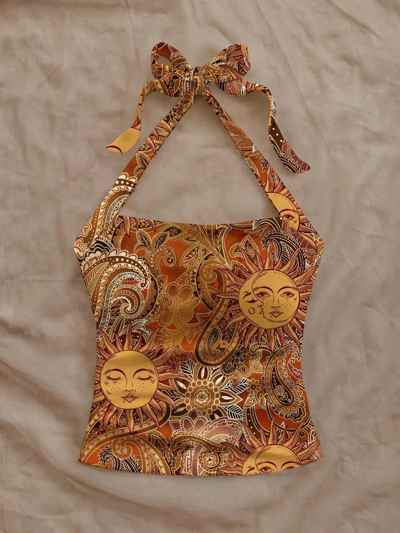 Women's Golden Sun God Paisley Full Print Halter Tank Top