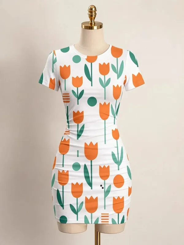 Womens Short Sleeve Bodycon Mini Dress Slim Fit Crew Neck Floral Print Casual Summer Party Cute Smooth Weekend Vacation Sundress