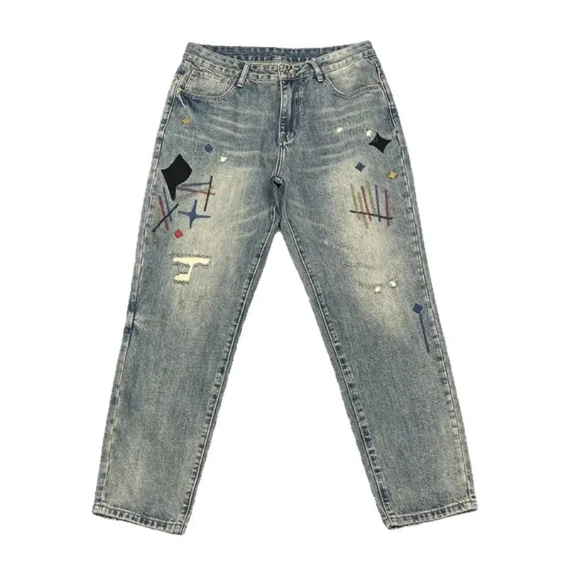 Trendy Edgy And Stylish Men's Jeans With Patchwork Embroidery And Prints Loose-fitting Straight Leg