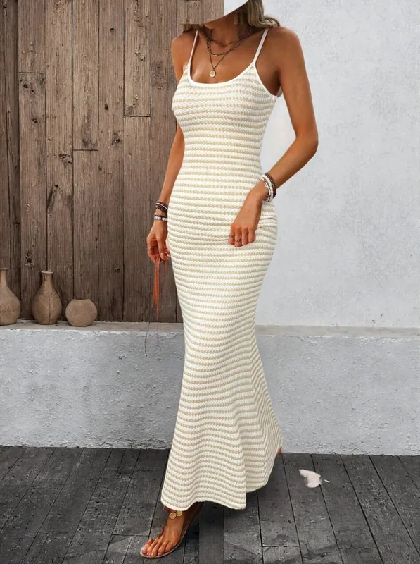 Summer Woman Dress Sleeveless Midi Dresses Women's Summer Maxi Spaghetti Strap Slip Dress Black And White Striped Knit Dress