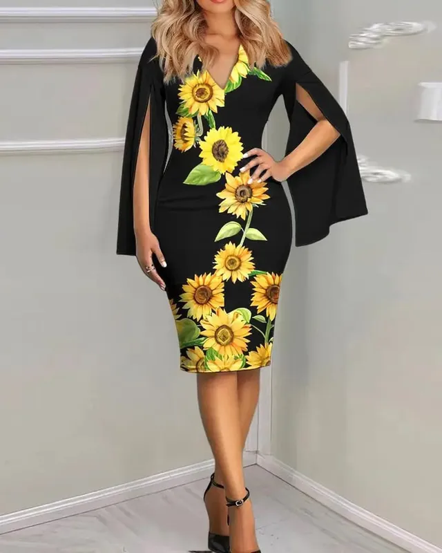 Women's Sunflower Print Midi Dress - Sexy V-Neck Bodycon Dress with Cape Sleeves for Summer Party