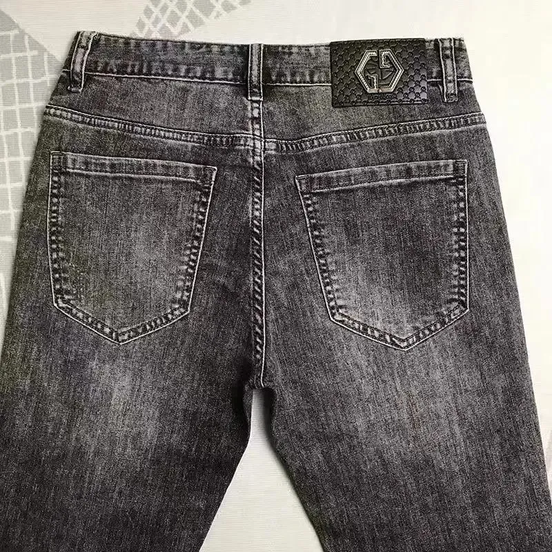 High-end Hot Diamond Jeans Men's Spring and Autumn Tide Brand Slim-fitting Small Feet Tiger Print Gray Casual Men Trousers Man