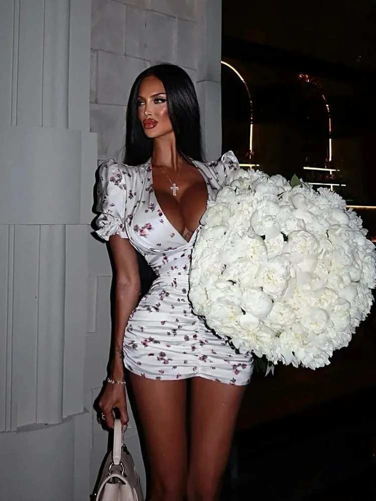 Nafouknutý krátký rukáv s výstřihem do V Potisky boků Dámské šaty Sexy klubové pouzdro Móda Dámské Bodycon Vestidos Róby Elegantní Slim — image 4
