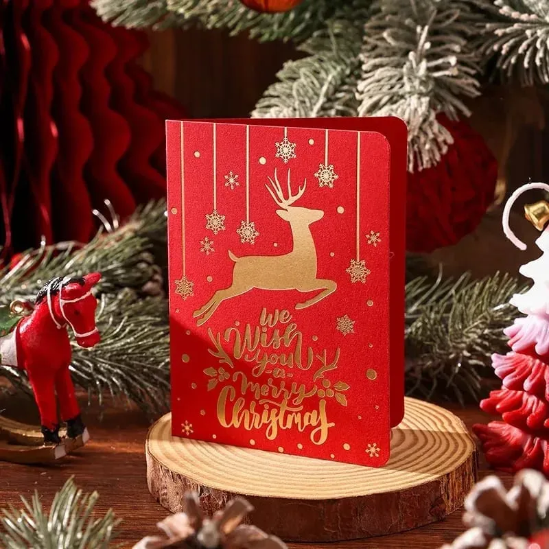 10Pcs Vintage Gold Foil Christmas Folding Greeting Cards Multi Pattern Blessing Holiday Cards New Year Postcard Gift Cards