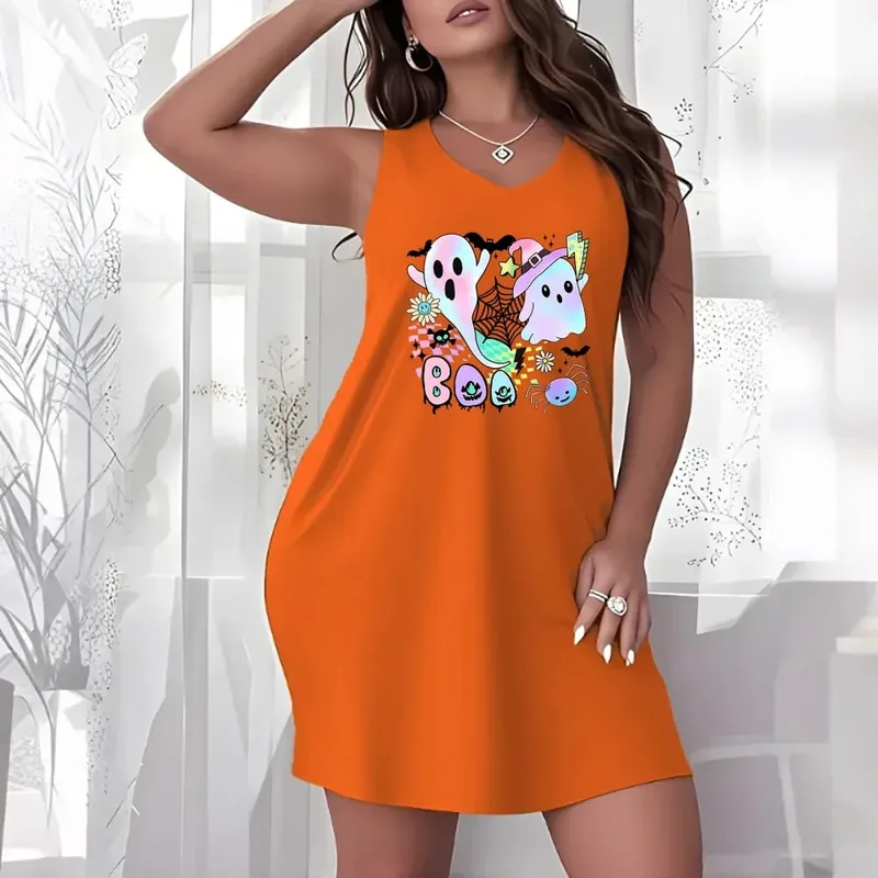 Halloween Theme Plus Size Women Sleeveless Tank Dress Spooky Cartoon Graphic Crew Neck Loose Dress Casual Holiday Party Dresses
