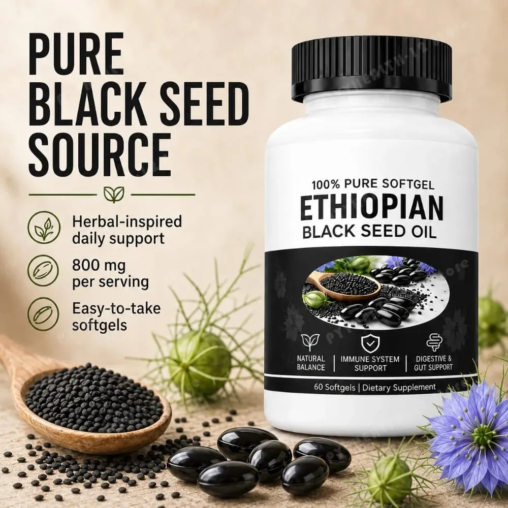 Ethiopian Black Seed Oil Softgels 800mg Cold Pressed Nigella Sativa Immune Digestive Gut Support Supplement 60 Count Non-GMO