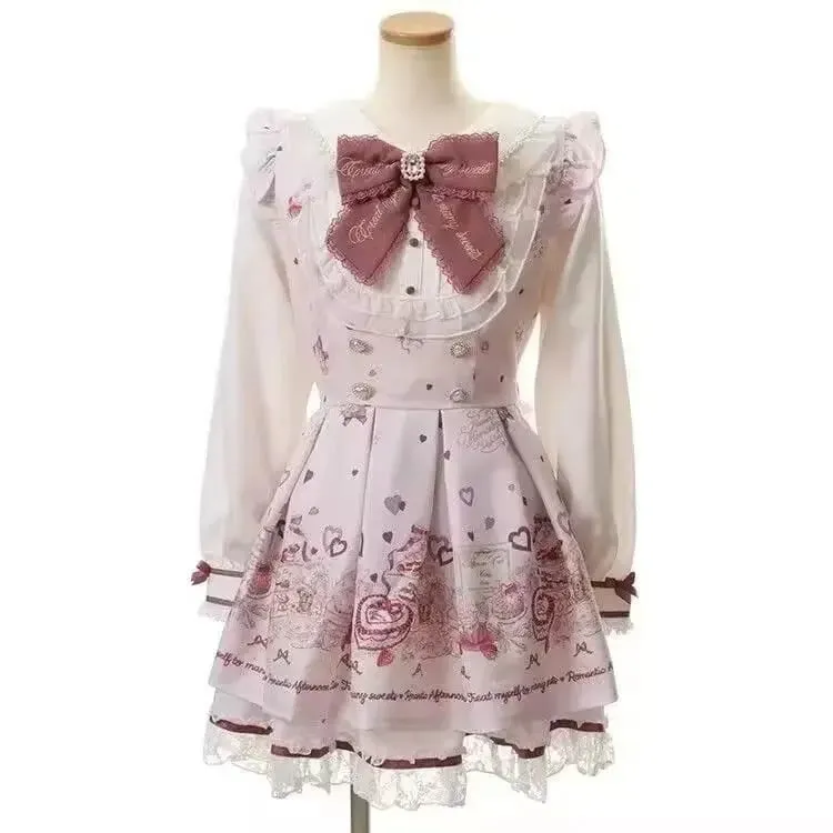 Sweet Lolita Style Lace Pearl Cute Print Shirt Dresses Japanese Kawaii Bow Dress Set Gothic Y2k Tea Party Women Dress 2025 New