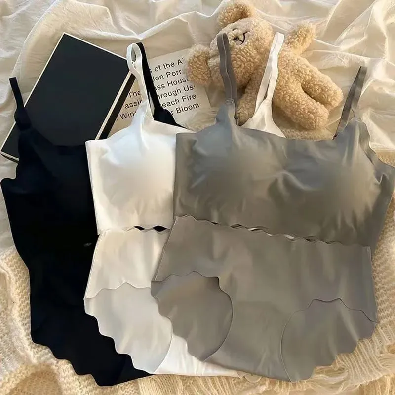 Seamless Scalloped Edge Bra And Panty Set For Women Skin-friendly Wireless Comfortable Lingerie Set Detachable Underwear Coaster
