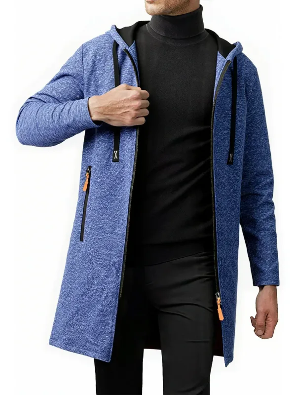 2Pcs Set Men Mid-Length Full Zip Hooded Jacket Fleece Lined Warm Coat with Drawstring Hood & Zipper Pockets Casual Outerwear for Fall Winter Daily Wear