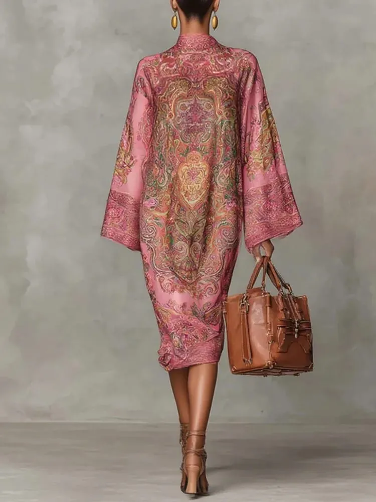 Yeezzi 2026 New Retro Classic Printed Party Evening Midi Dresses Loose Batwing Sleeves Elegant Ramadan Church Kaftan Dress Robe