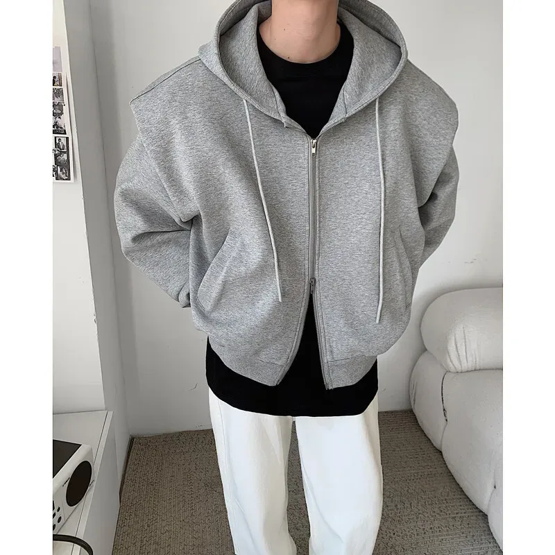 Autumn New Padded Shoulder Design Solid Streetwear Men Double Zip-up Hooded Sweatshirts Harajuku Casual Daily Hoodies