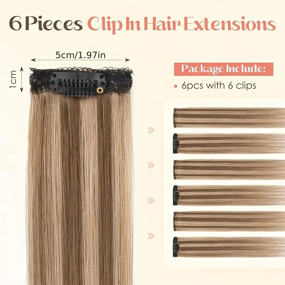 Straight Clip In Hair Extensions Synthetic 6Pcs Highlight Clip On Hair Pieces Thin For Women Short Bob Hairstyle Daily