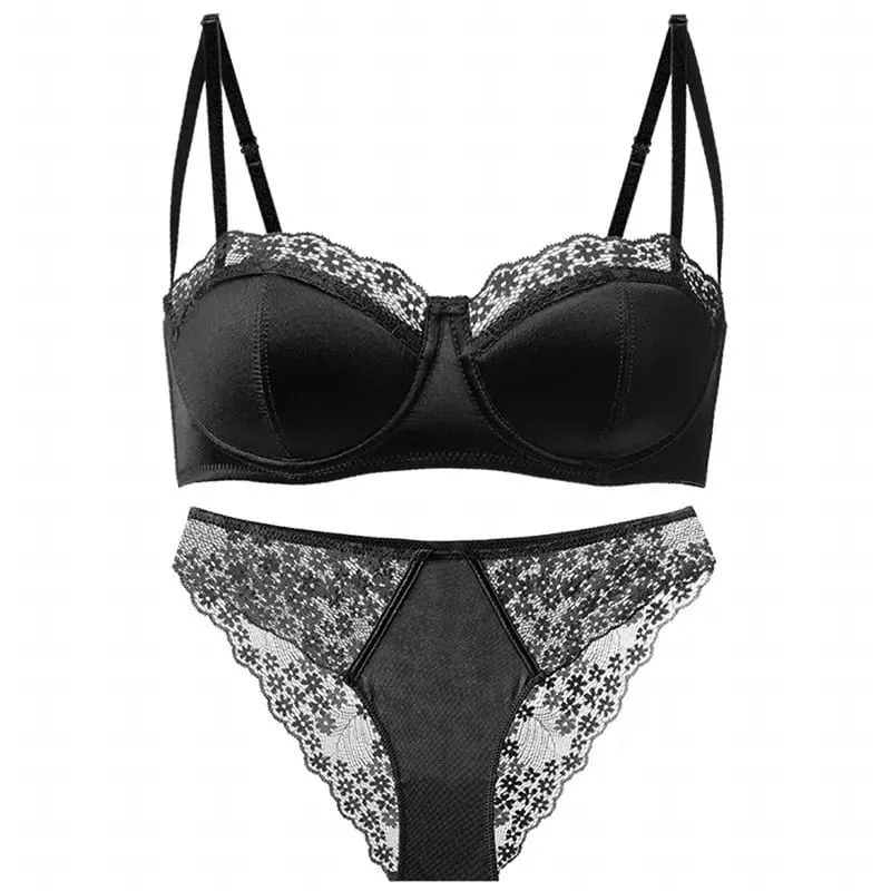 Hot Trend New Sexy Sheer French Lace Demi Cup Minimizer Push Up No Gap Underwire Thin Bra Set Anti-Sagging Side Coverage Women