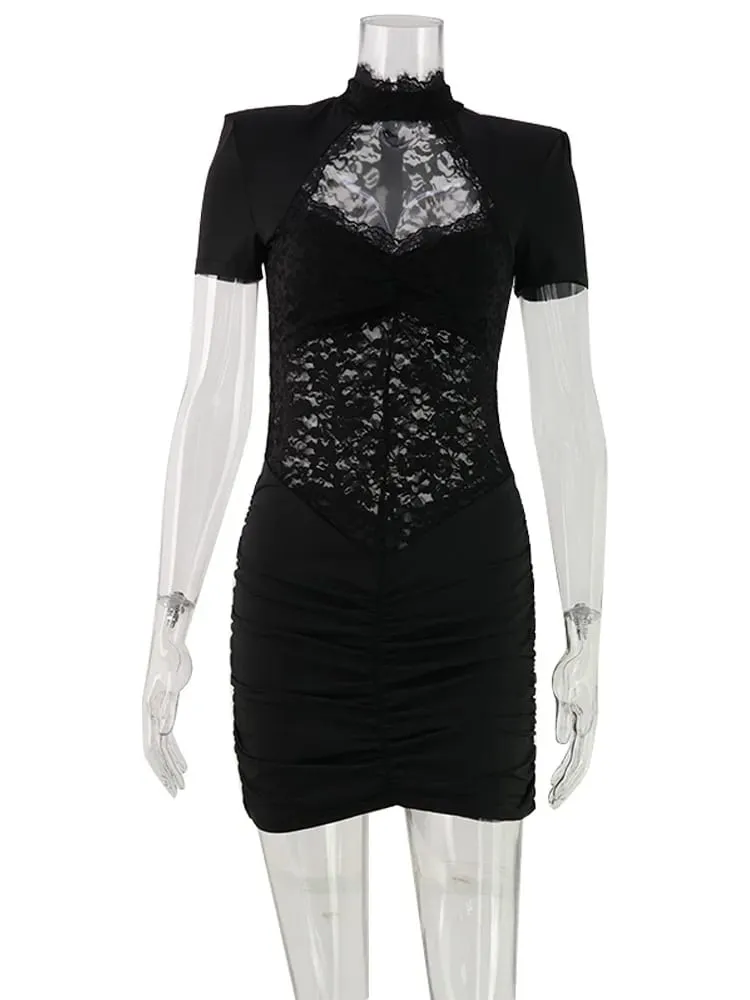 Lace Patchwork Hollow Out Women Dresses Short Sleeve Hip Wrap Sheath Trendy Hot Girl Sexy Club Outfits Pambabae Bodycon — image 5