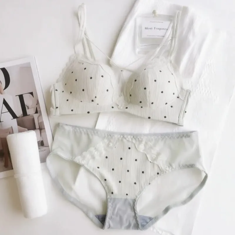 Elegant Japanese Polka Dot Bra & Brief Set Push Up Plunge Small Bust Lift Support Anti Sag Side Coverage Adjustable Comfort