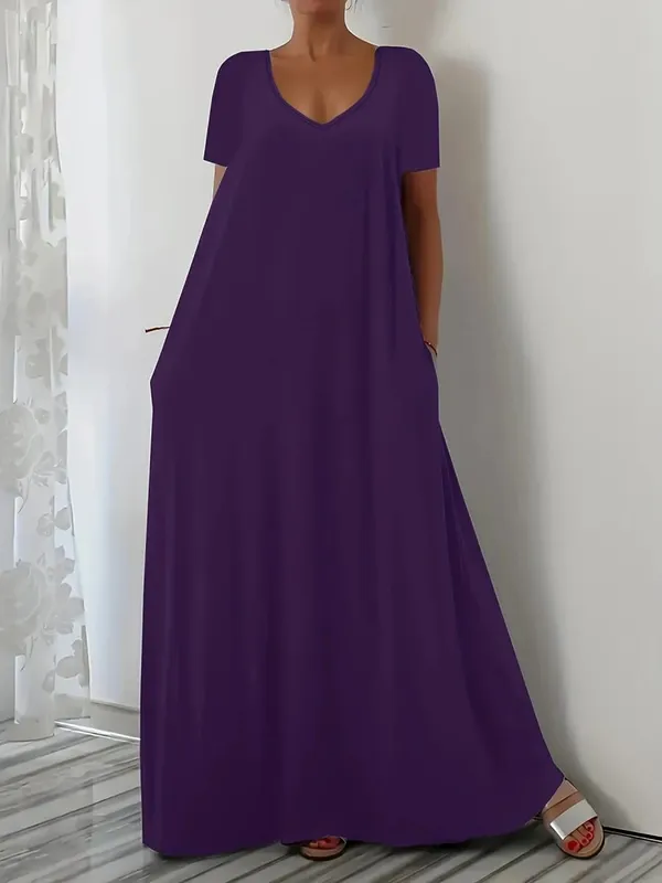 Grande taille été nouvelle jupe longue décontracté ample à manches courtes couleur unie col en v robe de grande taille pour les femmes