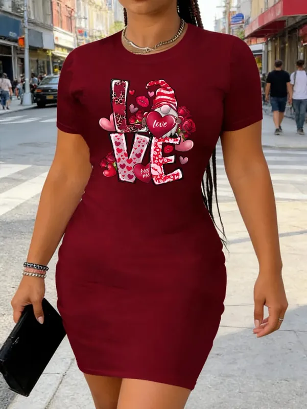 Women's Stylish Casual Plus-Size Design Heart-Shaped and Letter Print T-Shirt Dress - Casual Round Neck Stretch Fabric Machine