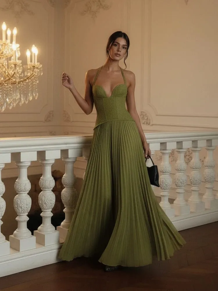 Green Chic Corset Halter Long Dress Women Solid Backless Off Shoulder Pleated Patchwork Slim Dresses 2026 Lady Party Gown New