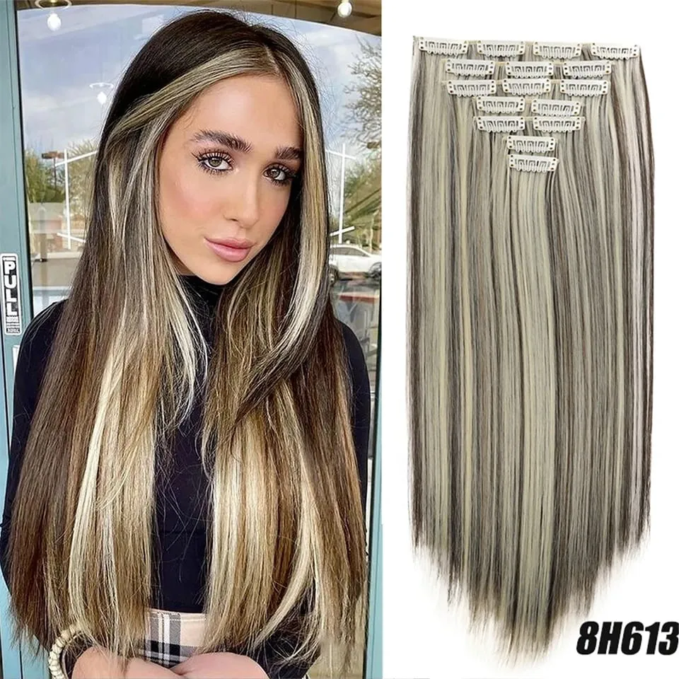 Synthetic 7-piece set with 16 card synthetic straight hair extensions suitable for women's daily party use