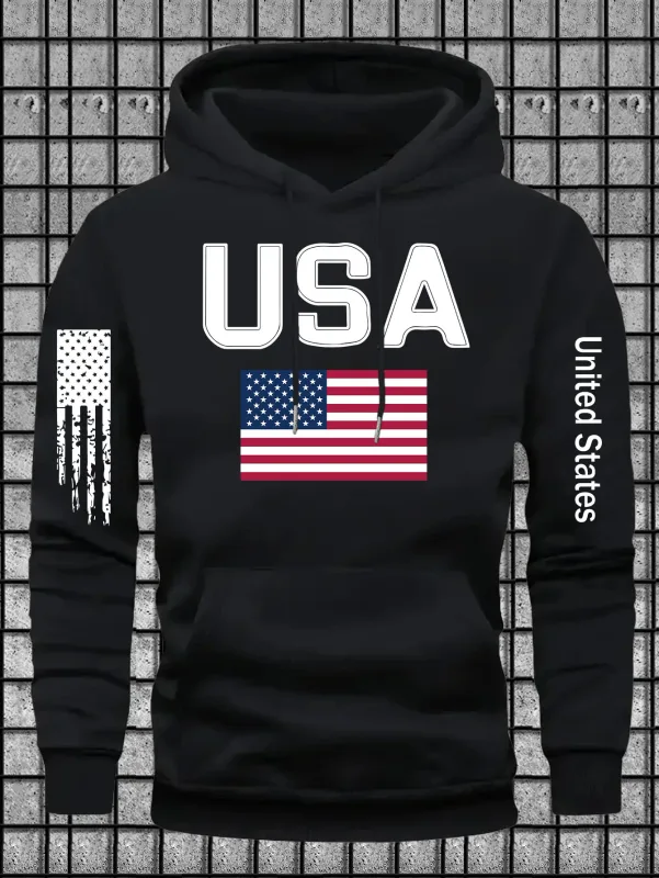 Urban patriotic-themed men's hooded sweatshirt with USA lettered and flag graphics. Street fashion design, loose turtleneck top.