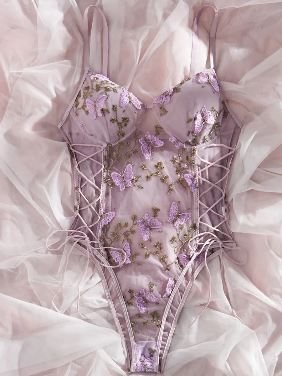 Hot Butterfly Embroidery Mesh Teddy Lace Up V Neck Backless ThongBodysuit Women's Sexy Lingerie & Underwear — image 5