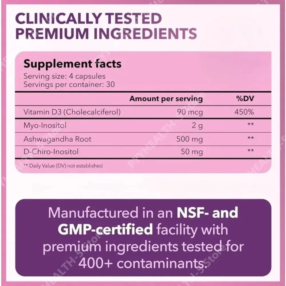 40:1 Myo-Inositol and D-Chiro Inositol Capsules Vitamin D3 Ashwagandha 120 Count Daily Wellness Supplement