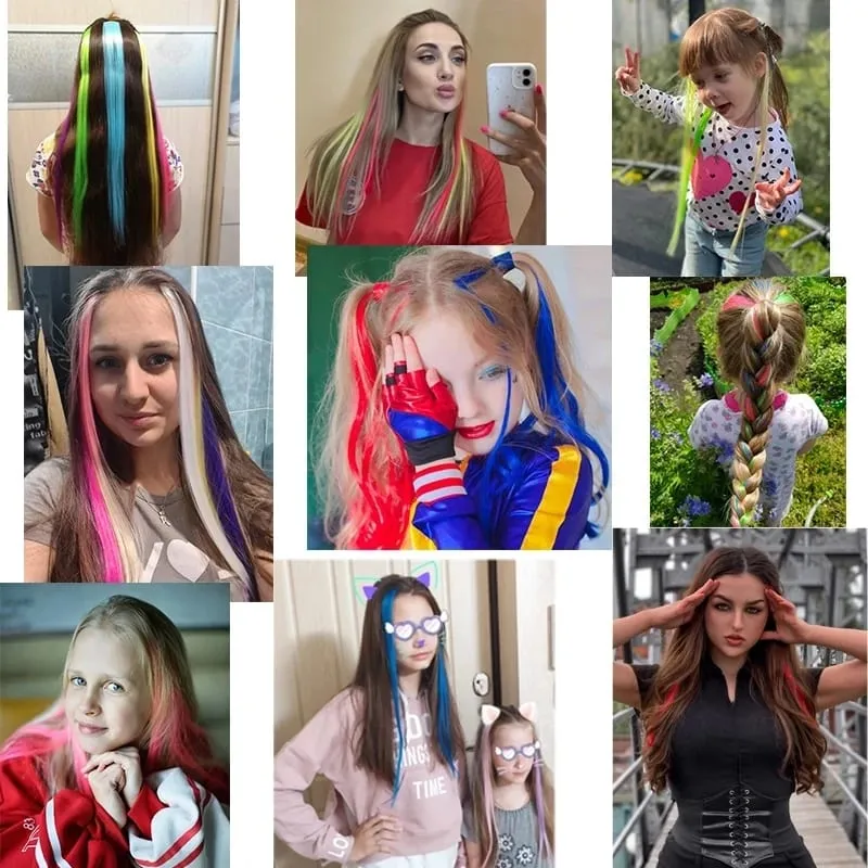 22Inch Synthetic Long Straight 5pcs Clip in Hair Extension Colored Rainbow Hairpieces for Women Daily Use