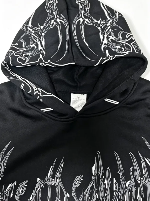 Men Alt Gothic Pullover Hoodie Y2k High Street American Style Dark Thorn Print Fleece Lined Loose Biker Fall Winter Sweatshirt