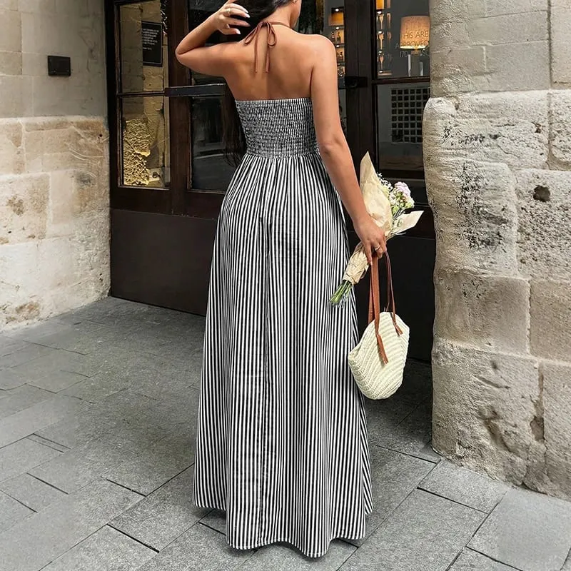 2026 Summer New Style Deep V-neck Striped Beach Dress Sexy Backless Sleeveless Neckline Long Dress